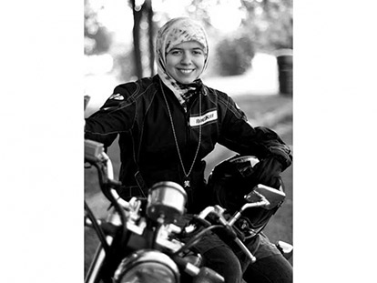 Khadijah Vakily on her motorcycle in Cornwall.