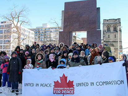 Canadian Muslims gather at the Human Rights Monument in Ottawa to stand for peace and against violent extremism.