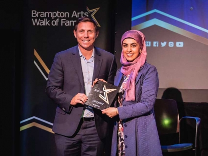 Zarqa Nawaz with Patrick Brown, the Mayor of Brampton, at her induction into the Brampton Arts Walk of Fame on March, 22, 2019.