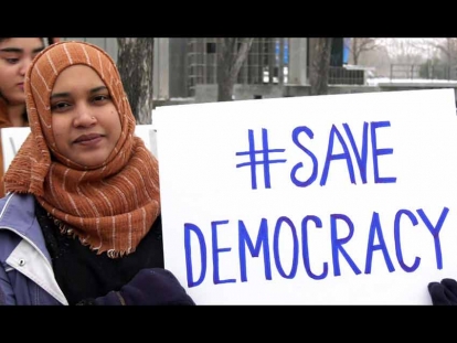 A demonstrator at a protest against the Indian Citizenship Amendment Act that took place in Winnipeg, Manitoba in January
