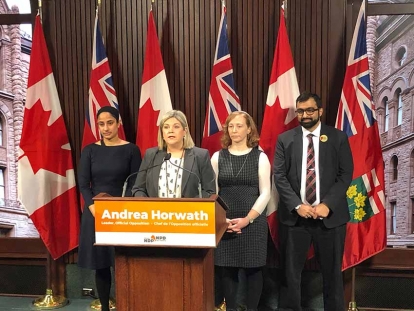 Leader of the Official Opposition Andrea Horwath and representatives from organizations opposed to Quebec&#039;s Bill 21.