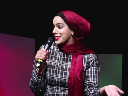 Salma Hindy speaking at TEDxUofT at the University of Toronto in 2019.