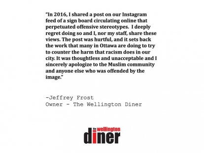 The owner of the Wellington Diner has issued an apology about the Islamophobic 2016 Instagram Post.